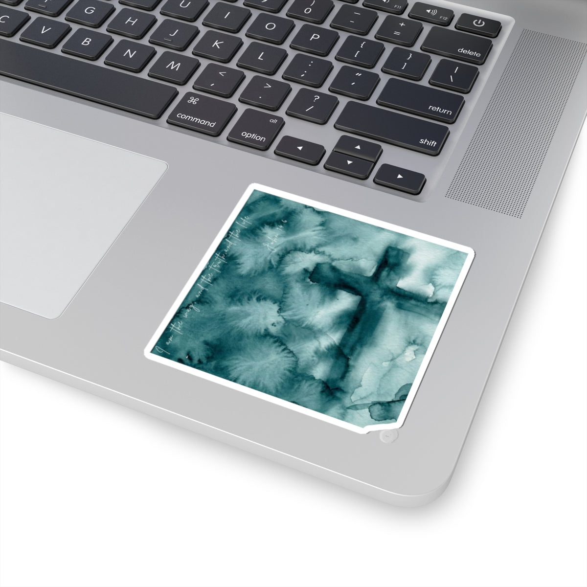 Teal Watercolor Cross Kiss-Cut Sticker — Christian Faith Decal for Laptops & Bibles
